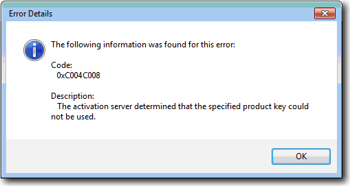 0xC004C008 product key could not be used