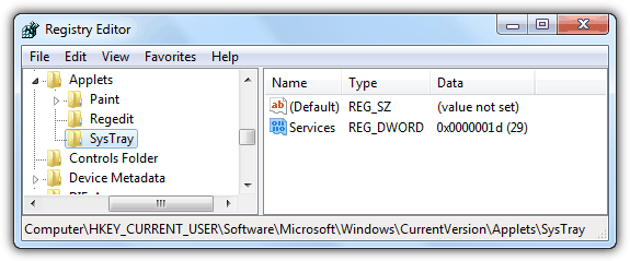 Registry Applets Systray Services
