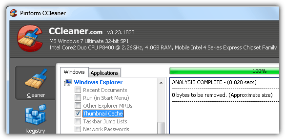 CCleaner Clean Thumbnail Cache