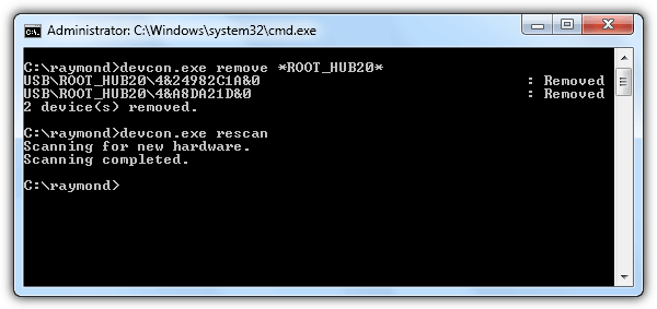 devcon remove usb root hub