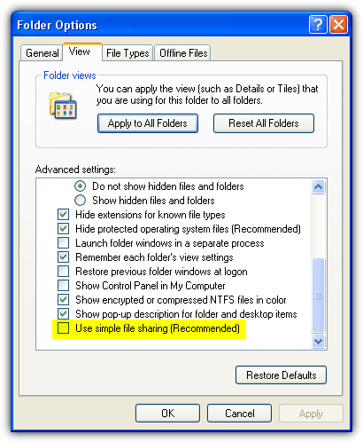 Disable Simple File Sharing