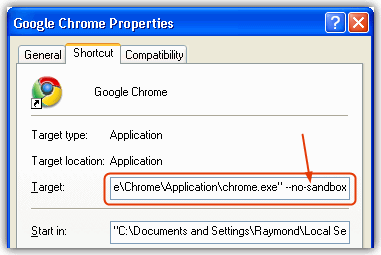 chrome nosandbox shortcut