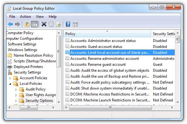 Limit local account use of blank passwords to console logon only