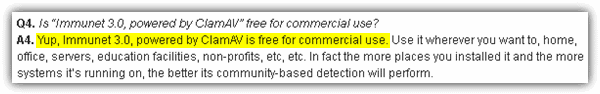 Immunet FAQ on commercial usage