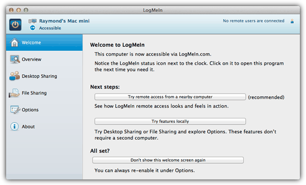 LogMeIn Free Mac remotely with access to remote control