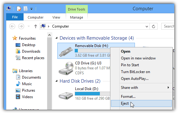 Manually eject removable disk from explorer