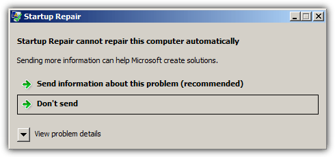 Startup Repair cannot repair this computer automatically