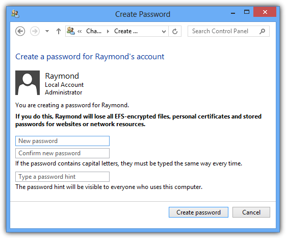 Create a password in Windows 8