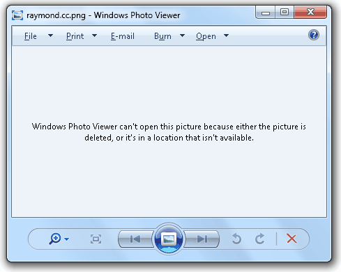 Windows Photo Viewer can't open this picture because either the picture is deleted, or it's in a location that isn't available.