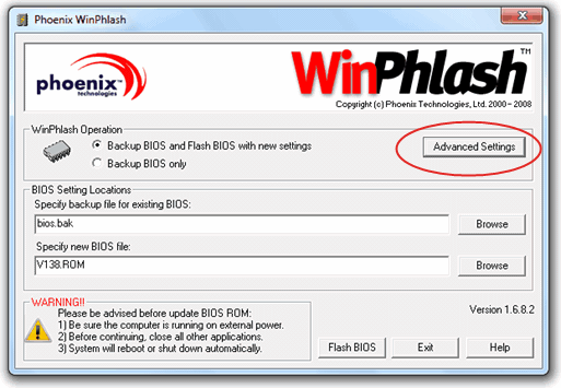 WinPhlash Advanced Settings