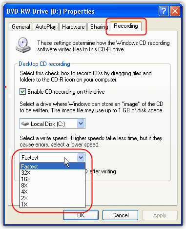 Set XP Recording Speed