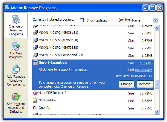 Nero in Add or Remove Programs