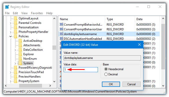 edit dontdisplaylastusername registry value