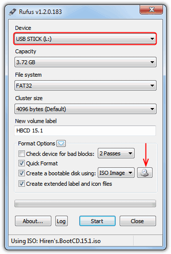 Writing Hiren to USB with Rufus