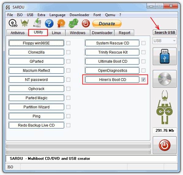 Using SARDU to write an ISO to USB