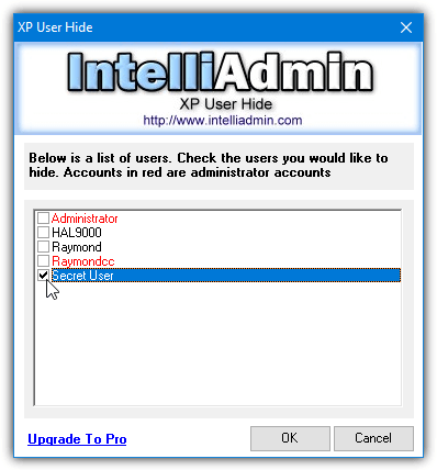 intelliadmin xp user hide