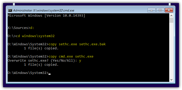copy cmd executable to sethc
