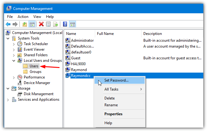 set password option in computer management