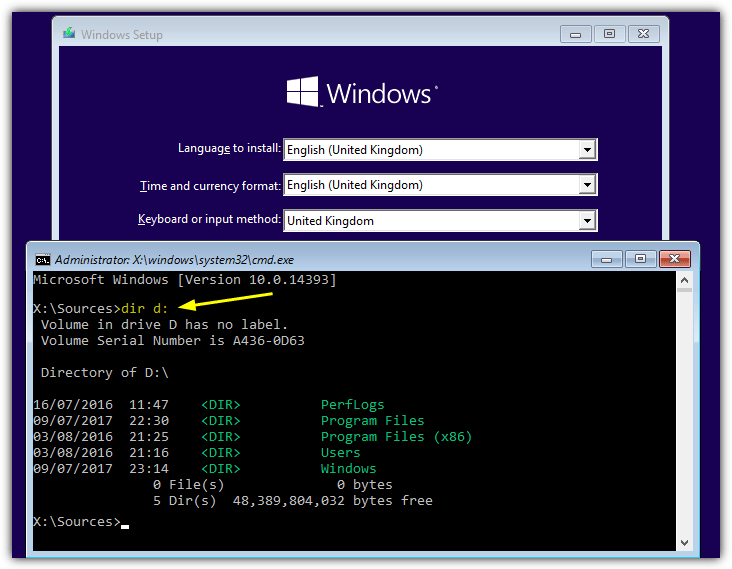 use dir command to find windows drive