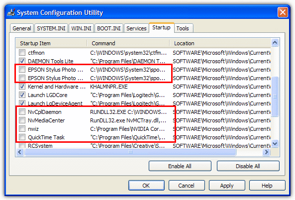 Msconfig disabling startup items