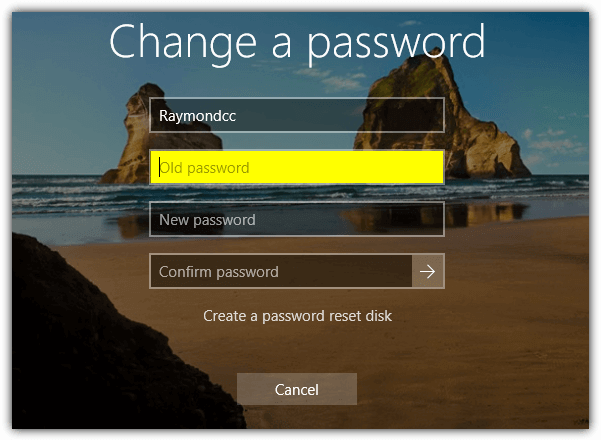 change windows password screen