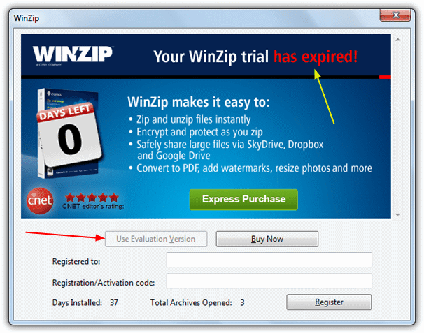 WinZip trial has expired