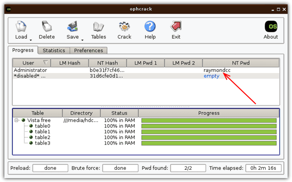 ophcrack cracked password