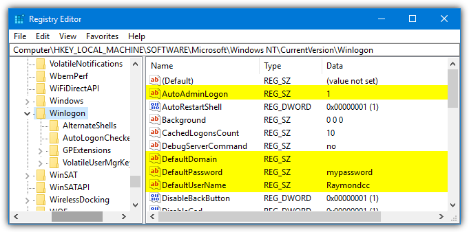 edit winlogon registry values