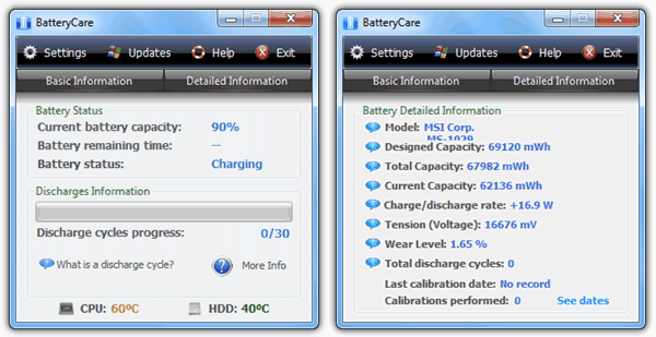 BatteryCare laptop battery status