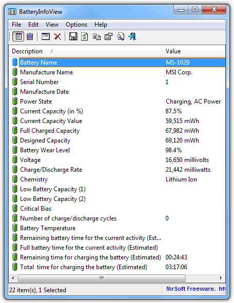 BatteryInfoView displaying lap battery details