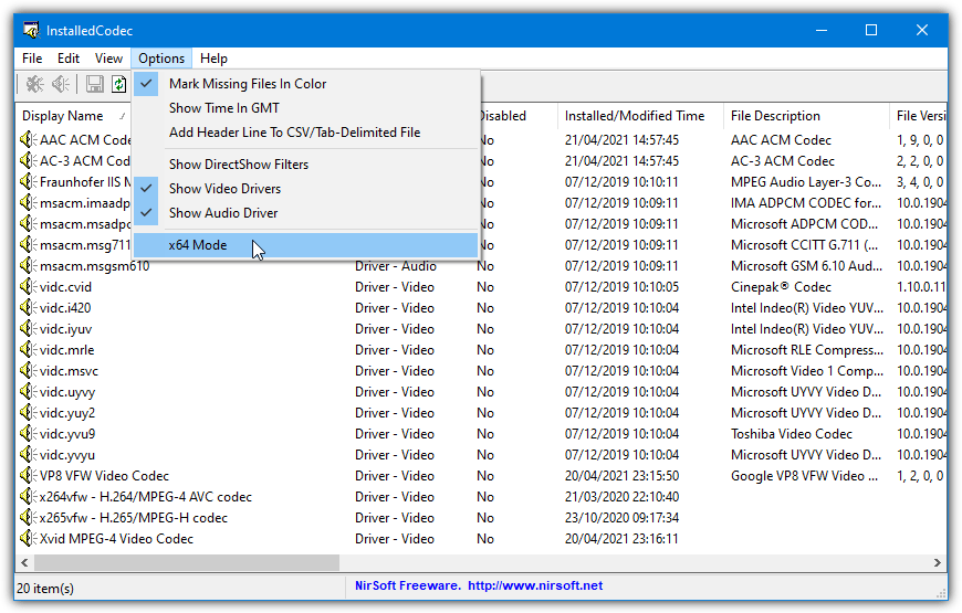 Installedcodec codecs list