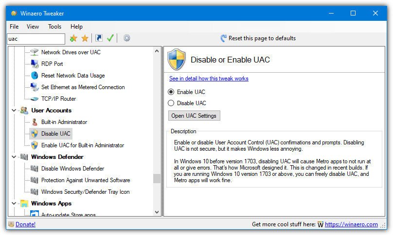 Winaero tweaker disable uac