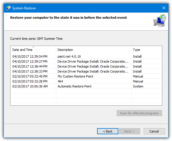 system restore points