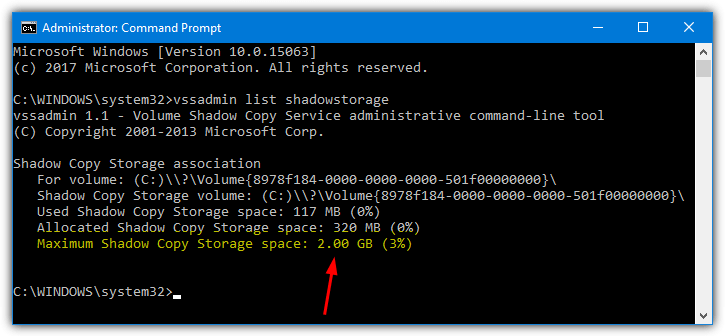 vssadmin list shadowstorage