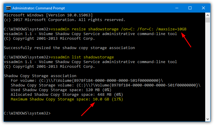 vssadmin resize shadowstorage