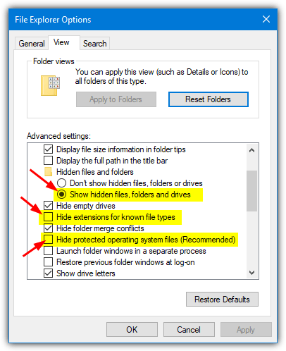 show hidden and system files