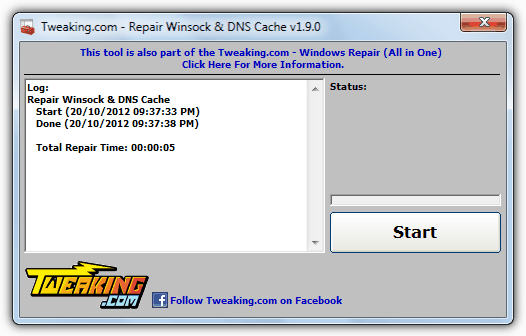 Tweaking.com Repair Winsock and DNS Cache
