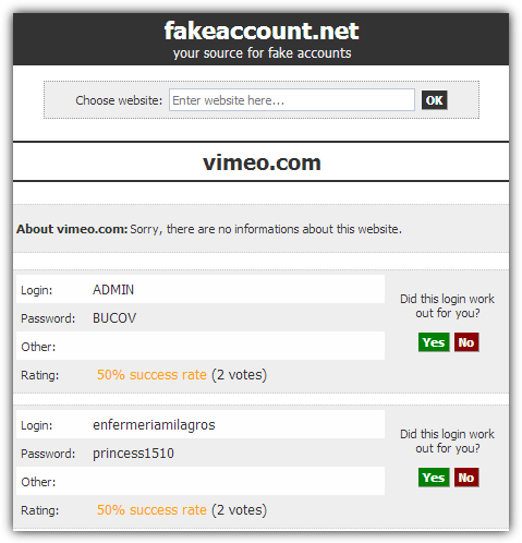 fakeaccount showing vimeo logins