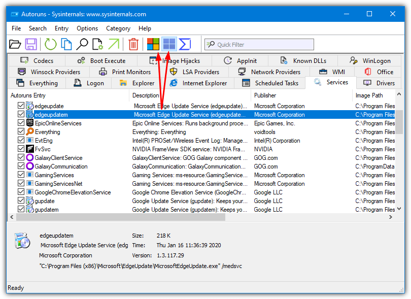 Autoruns hide windows services