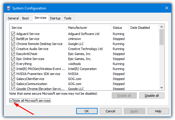 Msconfig hide microsoft services