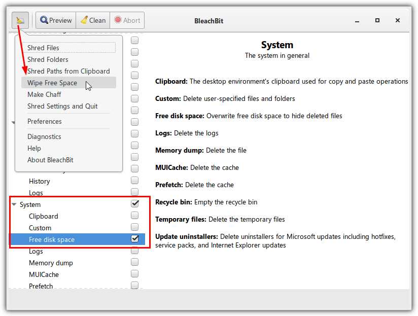 Bleachbit wipe free disk space