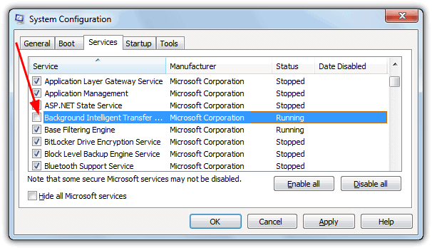 disable background intelligent transfer service to fix taskbar hang