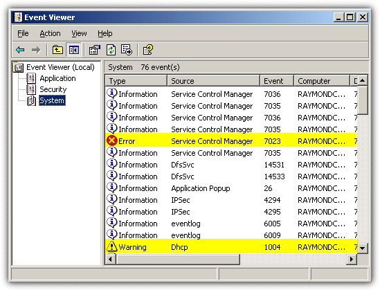 checking for errors in event viewer