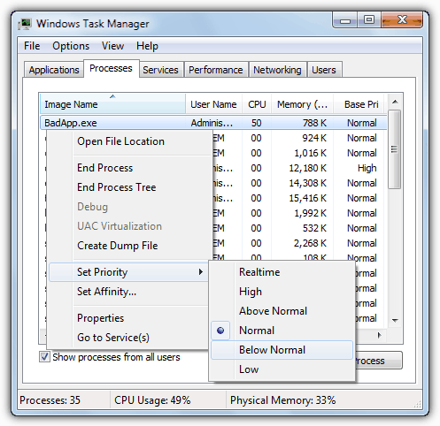 Windows Task Manager set priority