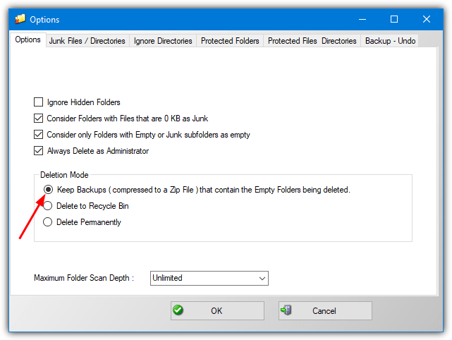 empty folder cleaner backup option