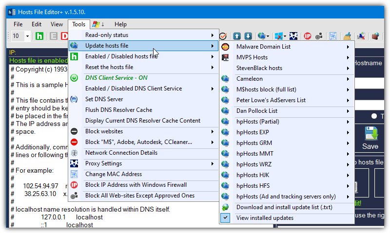 Hosts file editor plus hosts lists