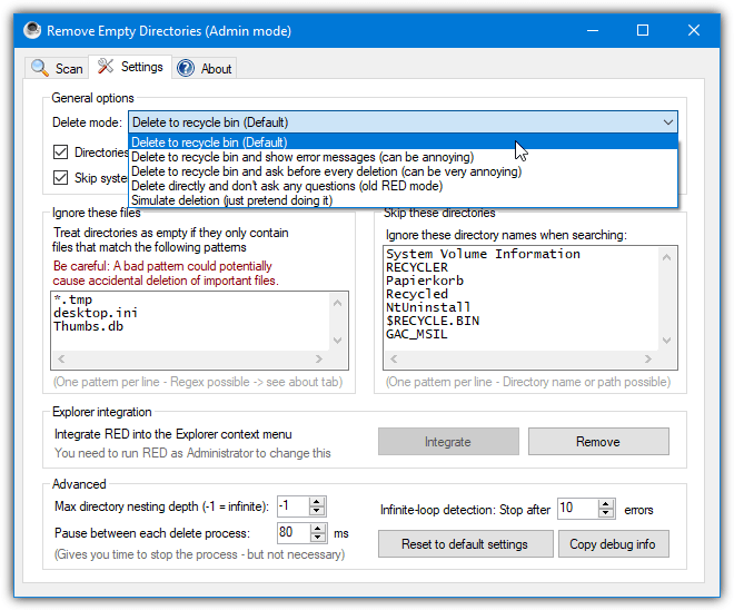 remove empty directories settings