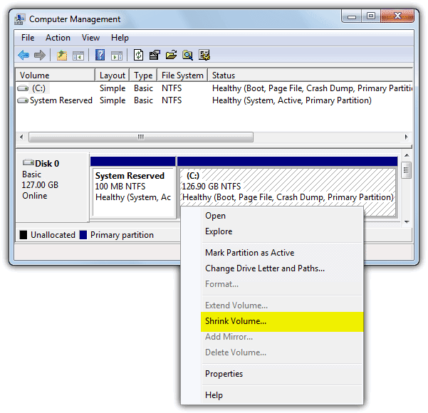 Shrink Volume in Windows 7