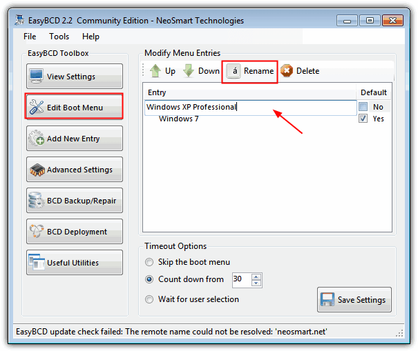 EasyBCD Edit Boot Menu