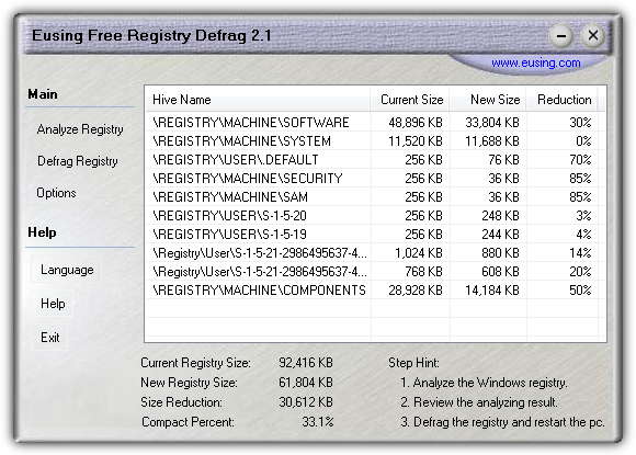 Eusing Free Registry Defrag